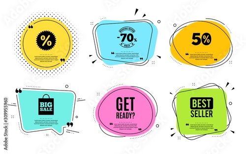 Get ready. Best seller, quote text. Special offer sign. Advertising discounts symbol. Quotation bubble. Banner badge, texting quote boxes. Get ready text. Coupon offer. Vector