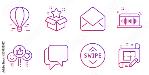Music making, Mail and Air balloon line icons set. Loyalty program, Talk bubble and Swipe up signs. Like, Architect plan symbols. Dj app, E-mail. Technology set. Gradient music making icon. Vector