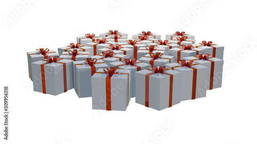 3D rendering illustration: Several white gift boxes tied with red ribbons on a white background for Christmas and New Year celebration.