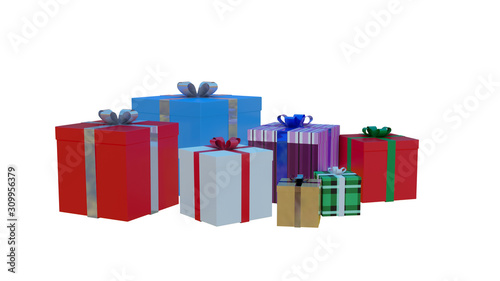 3D rendering illustration: Several colorful gift boxes on a white background for Christmas and New Year celebration.