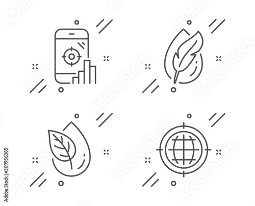 Hypoallergenic tested, Seo phone and Organic product line icons set. Seo internet sign. Feather, Search engine, Leaf. Globe. Business set. Line hypoallergenic tested outline icon. Vector