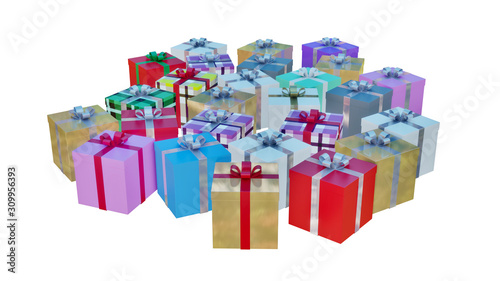 3D rendering illustration: Several colorful gift boxes on a white background for Christmas and New Year celebration.