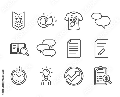 Set of Education icons, such as T-shirt design, Audit, Shoulder strap, Search book, Accounting report, Education, Paint brush, Talk bubble, Time, Chat message, Edit document, File. Vector