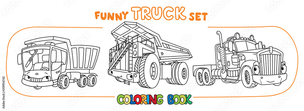 Funny heavy truck cars with eyes Coloring book set