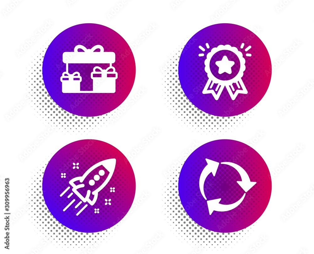 Surprise boxes, Startup rocket and Loyalty award icons simple set. Halftone dots button. Recycle sign. Holiday gifts, Business innovation, Bonus medal. Recycling waste. Business set. Vector