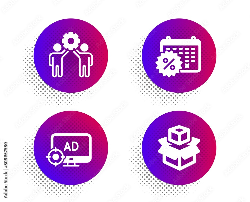 Seo adblock, Employees teamwork and Calendar discounts icons simple set. Halftone dots button. Packing boxes sign. Search engine, Collaboration, Shopping. Delivery package. Business set. Vector