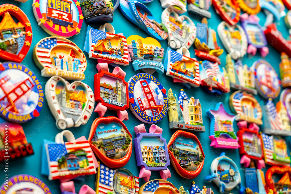 Close up of a lot of San Francisco magnets
