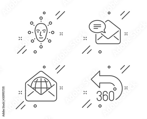 Web mail, Face biometrics and New mail line icons set. 360 degrees sign. World communication, Facial recognition, Received e-mail. Full rotation. Technology set. Line web mail outline icon. Vector