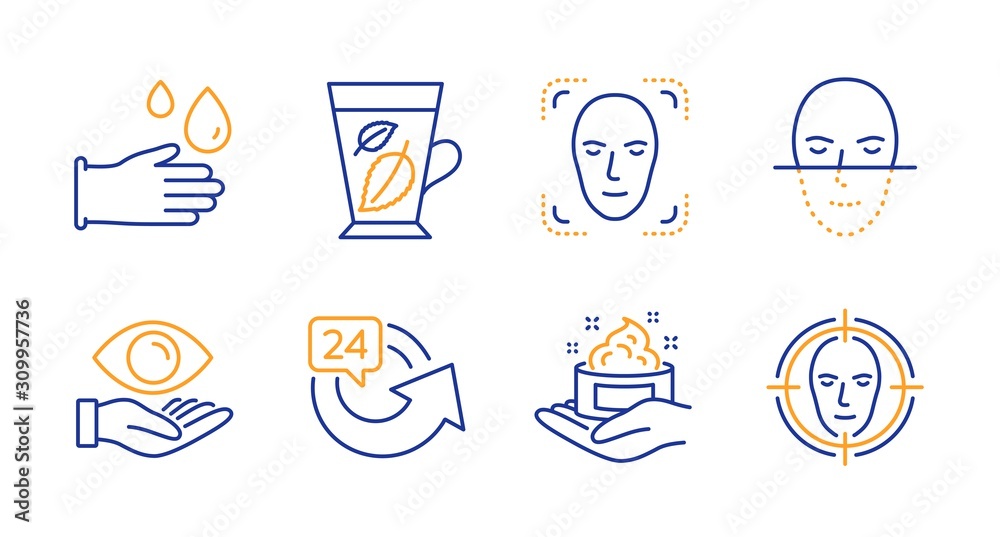 Rubber gloves, Health eye and Skin care line icons set. Face detection, Mint leaves and Face recognition signs. 24 hours symbol. Hygiene equipment, Optometry. Medical set. Vector Rubber gloves, Health eye and Skin care line icons set. Face detection, Mint leaves and Face recognition signs. 24 hours symbol. Hygiene equipment, Optometry. Medical set. Vector