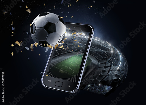 Sport Backgrounds. #d rendered Soccer stadium. View from mobile phone. Soccer ball before the star sky. Isolated on black. photo