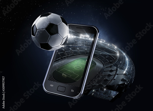 Sport Backgrounds. #d rendered Soccer stadium. View from mobile phone. Soccer ball before the star sky. Isolated on black.