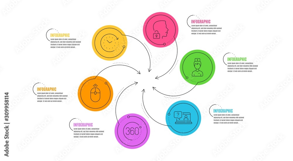 Fototapeta premium Unlock system, Faq and Time change line icons set. Infographic timeline. Swipe up, Doctor and 360 degrees signs. Access granted, Web support, Clock. Scrolling page. Science set. Vector