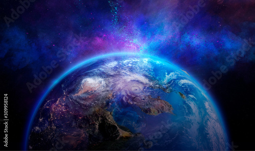 Planet Earth 3D globe with atmosphere and city lights from the deep space at night. Textured collage mixed media design with Earth, stars, nebula, galaxy. Some elements of this image furnished by NASA