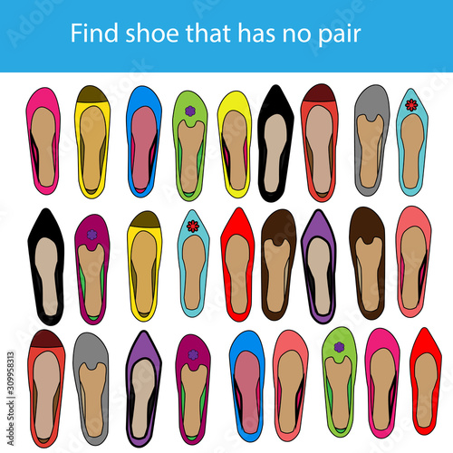 Matching game. Educational children activity. Find shoe with no match. Activity for pre scholl years kids and toddlers