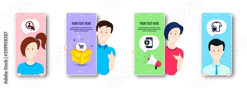 User, Ab testing and Market sale icons simple set. People on phone screen. Dirty t-shirt sign. Project manager, Phone test, Customer buying. Laundry shirt. Business set. Vector