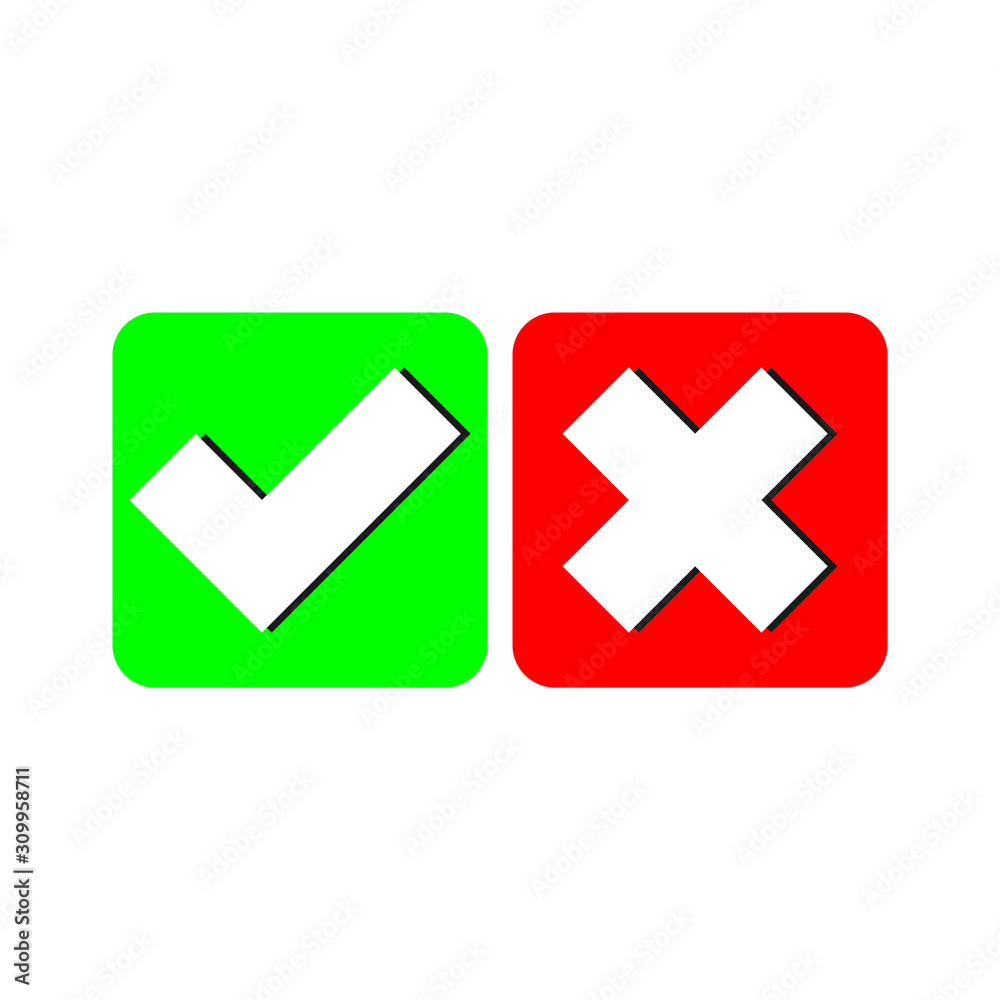 Yes and No check marks with Tick and cross signs. Vector illustration for apps and websites symbol. Red and green on white background. Yes and No check marks with Tick and cross signs. Vector illustration for apps and websites symbol. Red and green on white background.