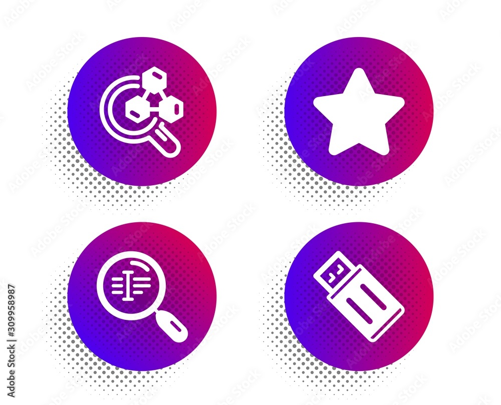 Search text, Chemistry lab and Star icons simple set. Halftone dots button. Usb flash sign. Find word, Lab research, Best rank. Memory stick. Technology set. Classic flat search text icon. Vector