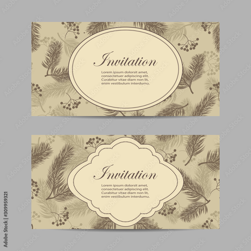 Set of horizontal bnners with rowan berries and fir branches. Vector illustration on beige background Set of horizontal bnners with rowan berries and fir branches. Vector illustration on beige background
