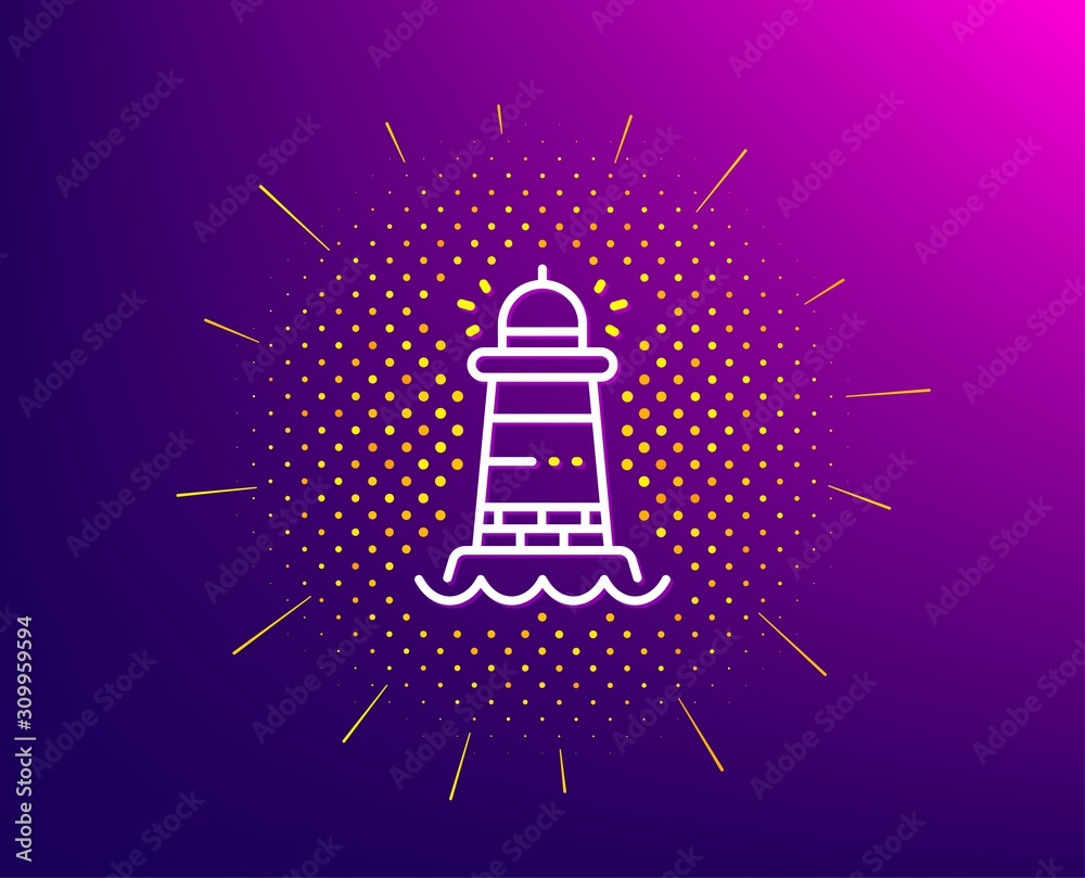 Lighthouse line icon. Halftone pattern. Searchlight tower sign. Beacon symbol. Gradient background. Lighthouse line icon. Yellow halftone pattern. Vector
