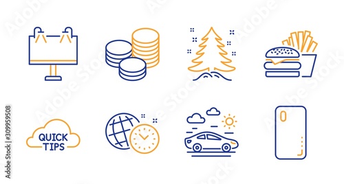 Road banner, Burger and Christmas tree line icons set. Time management, Tips and Quick tips signs. Car travel, Smartphone cover symbols. Advertisement, Cheeseburger. Business set. Vector