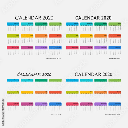 2020 Calendar Template.Calendar 2020 Set of 12 Months.Yearly calendar vector design stationery template.Vector illustration. photo