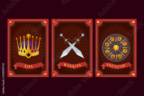 Game asset pack. Fantasy card with magic items. User interface design elements with decorative frame. Cartoon vector illustration. Crown, sword and shield.
