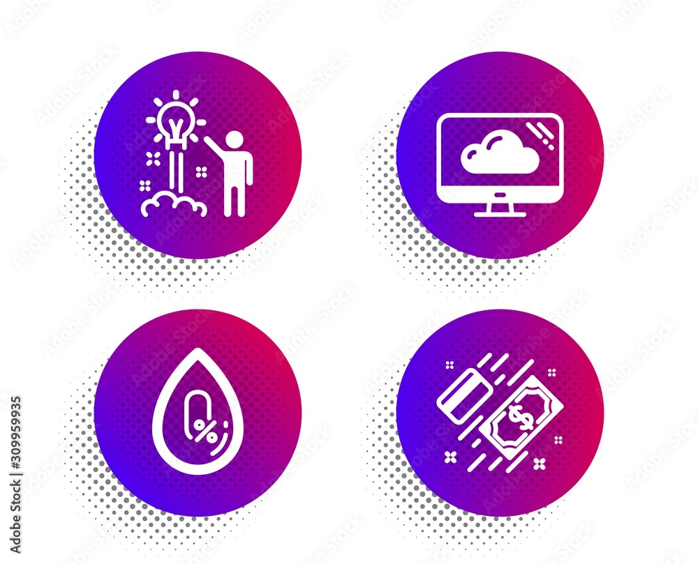 Cloud storage, No alcohol and Creative idea icons simple set. Halftone dots button. Payment sign. Computer, Mineral oil, Startup. Money. Business set. Classic flat cloud storage icon. Vector Cloud storage, No alcohol and Creative idea icons simple set. Halftone dots button. Payment sign. Computer, Mineral oil, Startup. Money. Business set. Classic flat cloud storage icon. Vector