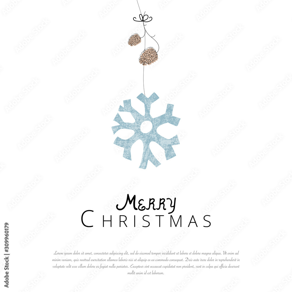 Merry Christmas cute greeting card or banner template with different winter holidays xmas tree hanging decorations. Beautiful fairy background  elements imitating watercolor paintings