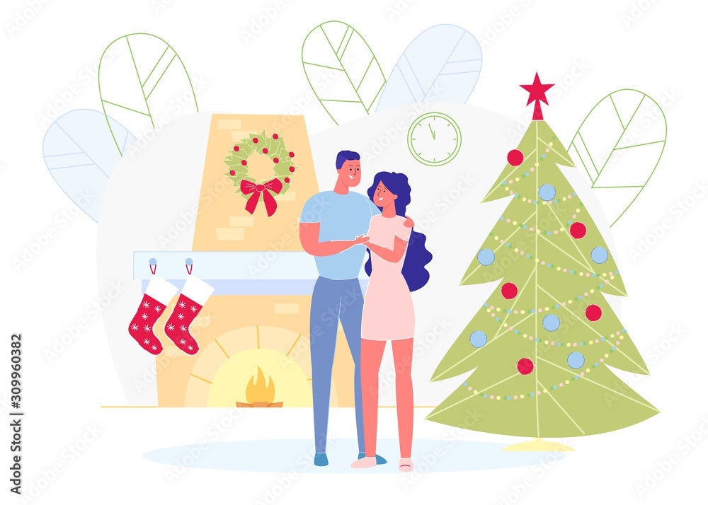 Couple Stand and Hugging at Decorated Fir Tree Couple Stand and Hugging at Decorated Fir Tree