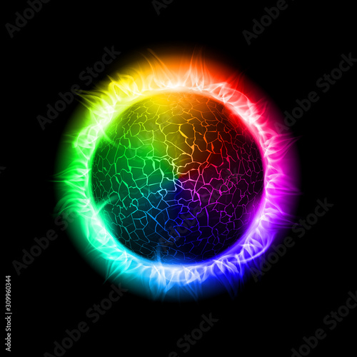 Illustration of a Colored Fiery Ball of a Burning Star, Solar Disk. Solar Flare Burning Around Astrological Celestial At Galaxy Concept Illustration on Black Background
