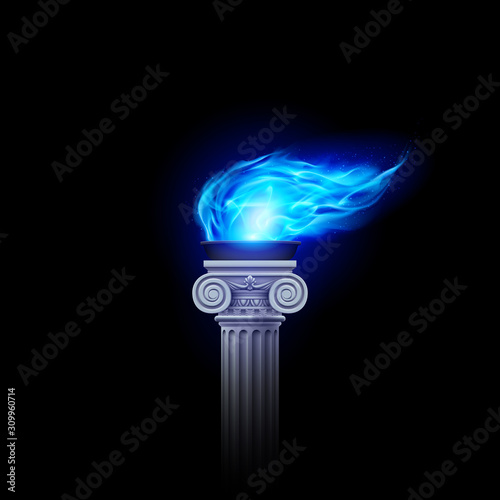 Ancient Column with Blue Flame Swaying in the Wind. Illustration of a Flaming Torch Based on the Torches of Ancient Greece and Rome on Black Background