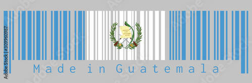 Barcode set the color of Guatemala flag, blue and white color with the national Emblem centered on white. text: Made in Guatemala. Concept of sale.