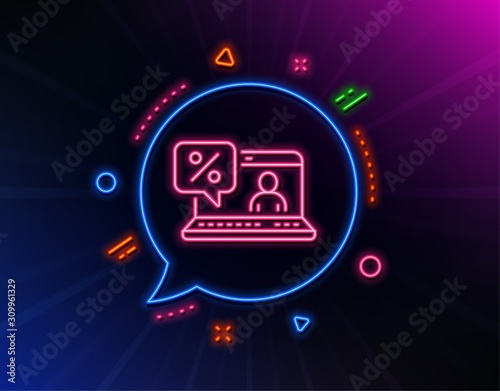 Online loan percent line icon. Neon laser lights. Discount sign. Credit percentage symbol. Glow laser speech bubble. Neon lights chat bubble. Banner badge with online loan icon. Vector