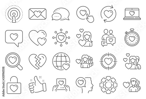 Love line icons. Couple, Romantic and Heart icons. Valentines day love symbols. Divorce or Break up heart, romantic couple. Laptop, timer, communication. Target, valentines day holiday. Vector