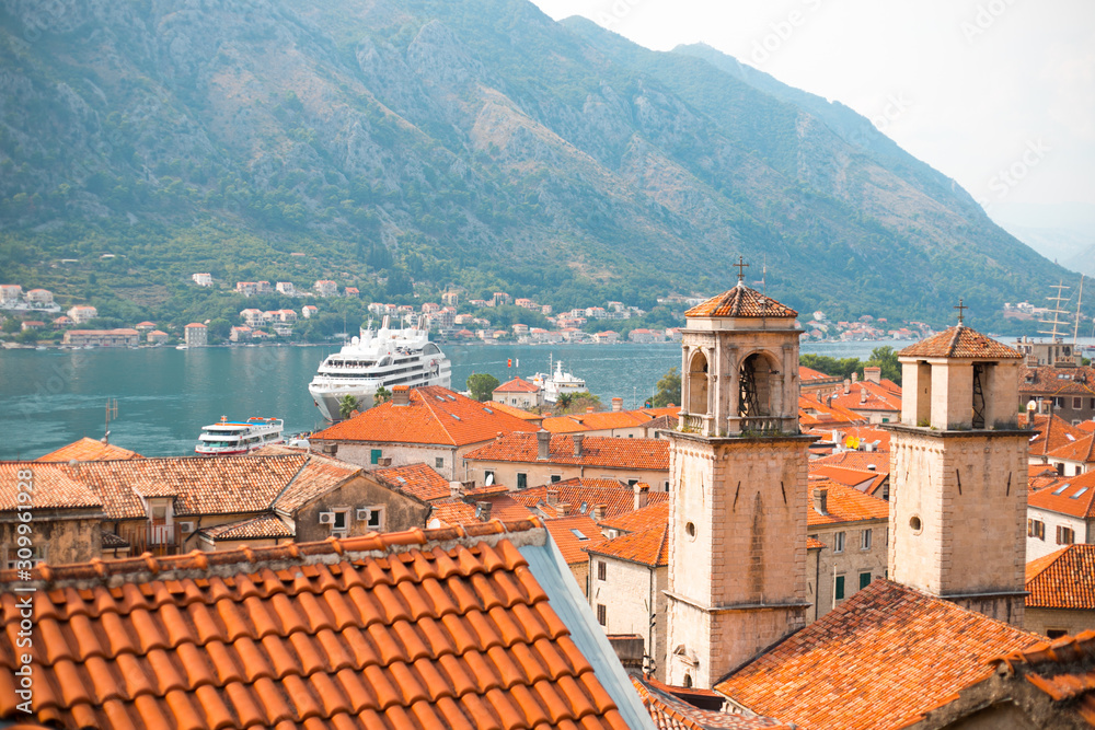 KOTOR, MONTENEGRO - SEPTEMBER 06, 2019: Kotor bay and Kotor Old Town from the upstairs in the mountain.