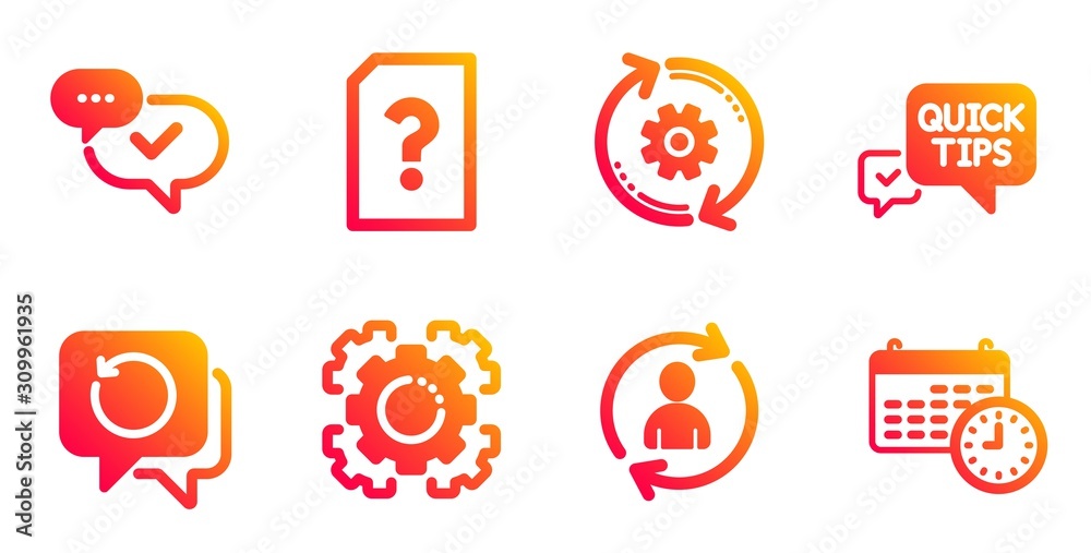 Recovery data, Seo gear and Cogwheel line icons set. Unknown file, Approved and Quick tips signs. Person info, Calendar symbols. Backup info, Cogwheel. Business set. Vector