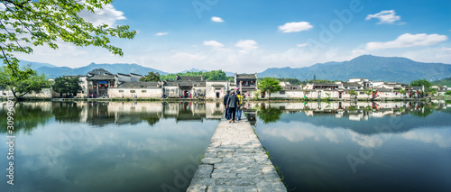 Hongcun village scenery in Huangshan Anhui China. The village is an ancient village. It is located near Mount Huangshan. Hongcun is a famous historical village in China UNESCO heritage site. © hrui