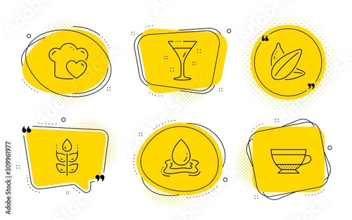Love cooking, Cocktail and Dry cappuccino signs. Chat bubbles. Gluten free, Sunflower seed and Water splash line icons set. Bio ingredients, Vegetarian food, Aqua drop. Chef hat. Vector
