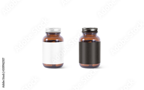 Blank amber glass pill can with black, white label mockup
