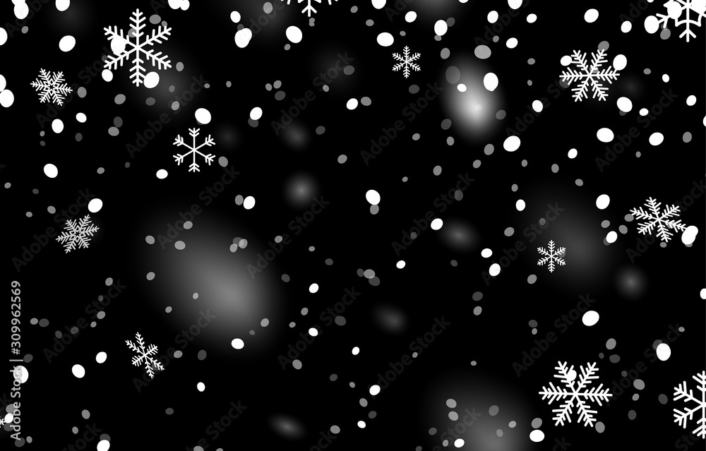 Winter background with snowflakes and realistic snow. Snow fall isolated on black. Vector illustration.