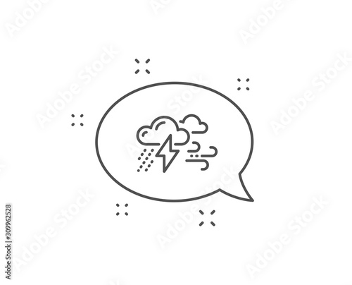 Clouds with raindrops, lightning, wind line icon. Chat bubble design. Bad weather sign. Outline concept. Thin line bad weather icon. Vector