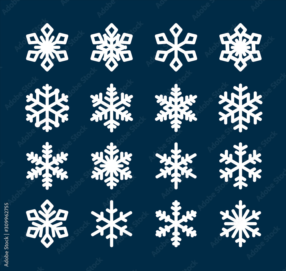 Set of decorative white snowflake silhouette isolated on dark blue. New year holiday decoration. Vector illustration Set of decorative white snowflake silhouette isolated on dark blue. New year holiday decoration. Vector illustration