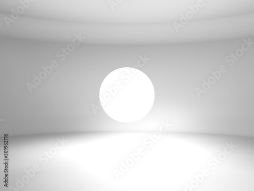 Abstract flying spherical light object is in a white room