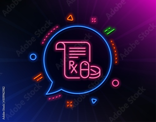 Medical prescription line icon. Neon laser lights. Medicine pills sign. Pharmacy medication symbol. Glow laser speech bubble. Neon lights chat bubble. Vector