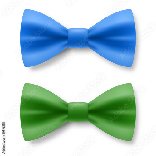 Blue and Green Bow Tie From Satin Material. Realistic Formal Wear for Gentleman Smoking Bow Tie Garment Accessory on White Background