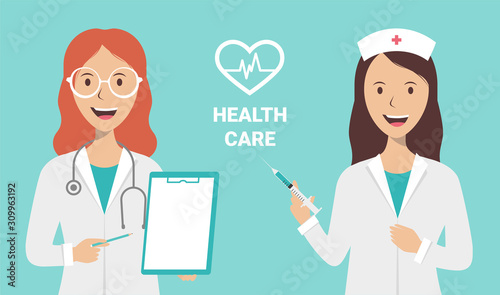 Female nurse and doctor on a blue background, flat illustration. The doctor is conducting a medical examination. Medical care concept