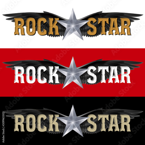 Rock Star Design Template with Silver Star and Black Wings. Design Idea for Rock Star Show Concert Banner Background. Vintage Retro Style on White, Red and Black Background