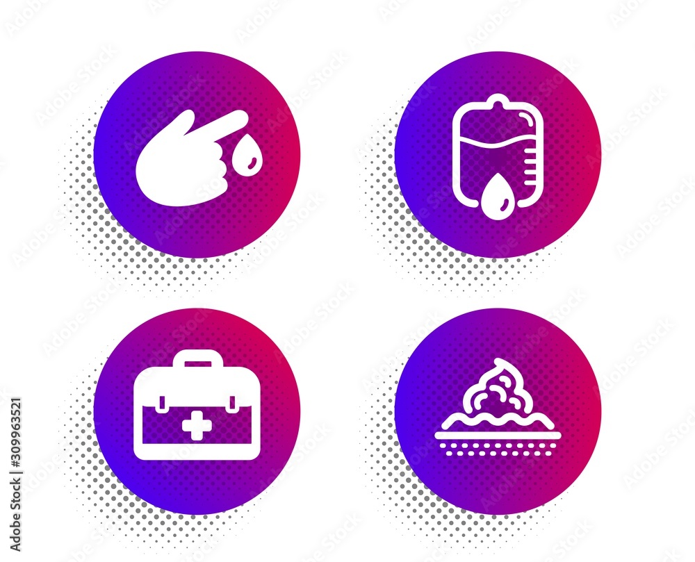 First aid, Blood donation and Drop counter icons simple set. Halftone dots button. Skin care sign. Medicine case, Injury, Medical equipment. Face cream. Healthcare set. Vector