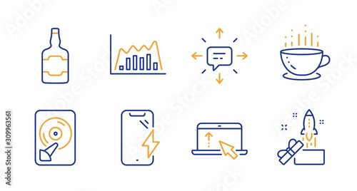 Coffee cup, Smartphone charging and Swipe up line icons set. Sms, Hdd and Whiskey bottle signs. Infographic graph, Innovation symbols. Hot drink, Phone battery. Business set. Vector