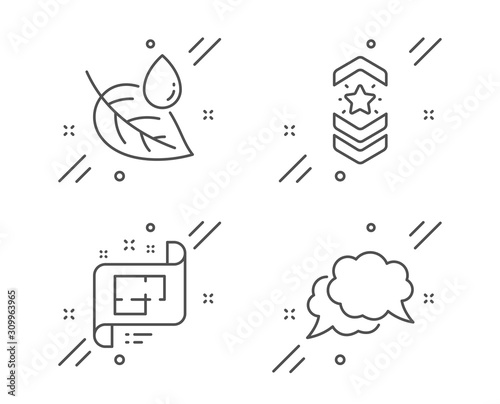 Shoulder strap, Architectural plan and Leaf dew line icons set. Chat message sign. Star rank, Technical project, Water drop. Speech bubble. Business set. Line shoulder strap outline icon. Vector